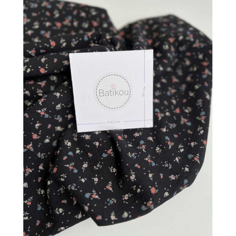 Double gaze de coton BIO anthracite motif fleuri Tissus issus de l'agriculture biologique  - 5