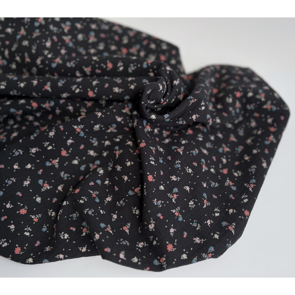 Double gaze de coton BIO anthracite motif fleuri Tissus issus de l'agriculture biologique  - 6