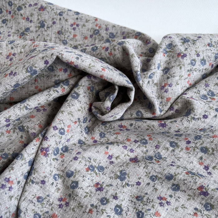 Idalie - Double gaze de coton BIO chiné coloris gris fleuri Tissus issus de l'agriculture biologique  - 1