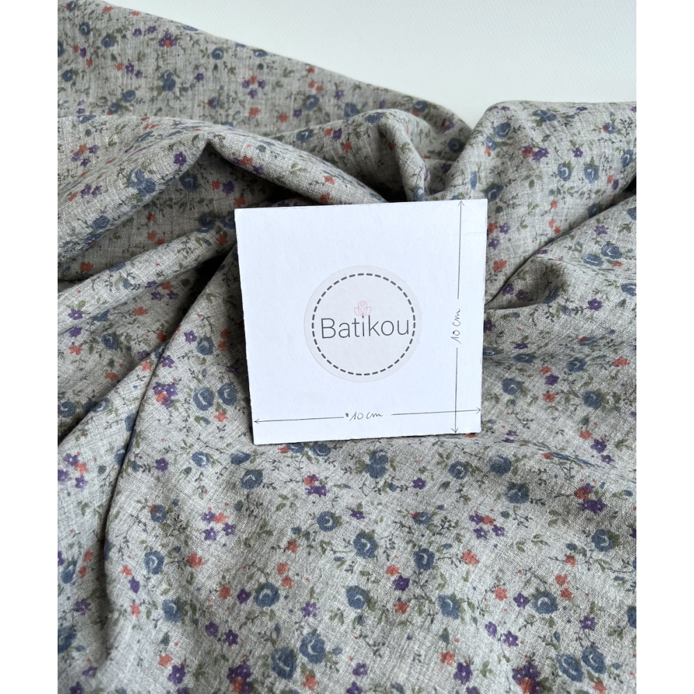 Idalie - Double gaze de coton BIO chiné coloris gris fleuri Tissus issus de l'agriculture biologique  - 5