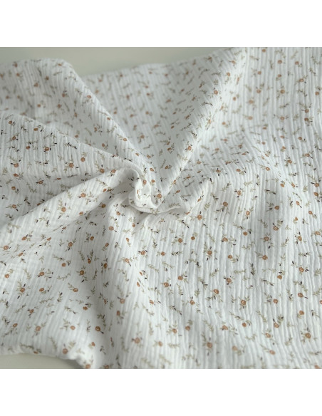 Double gaze de coton Janet blanc motifs fleuris naturel Batikou - 1