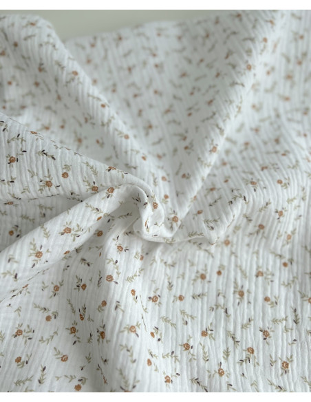 Double gaze de coton Janet blanc motifs fleuris naturel Batikou - 4