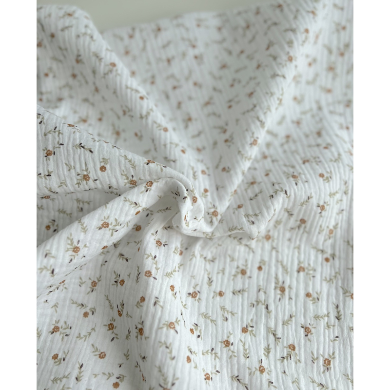 Double gaze de coton Janet blanc motifs fleuris naturel Batikou - 4