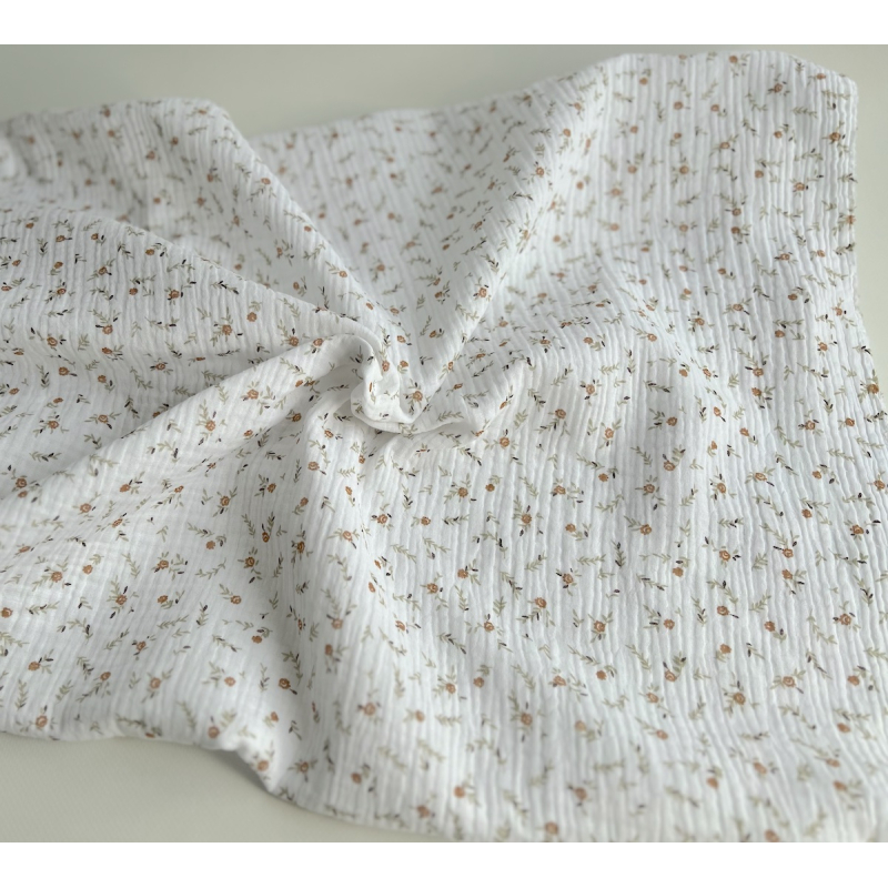 Double gaze de coton Janet blanc motifs fleuris naturel Batikou - 5