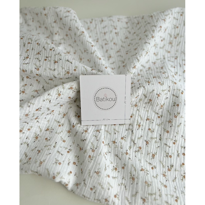 Double gaze de coton Janet blanc motifs fleuris naturel Batikou - 6