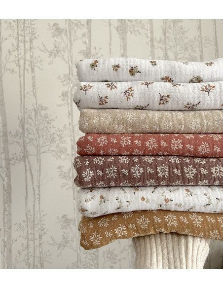 Double gaze de coton Janet blanc motifs fleuris naturel Batikou - 7