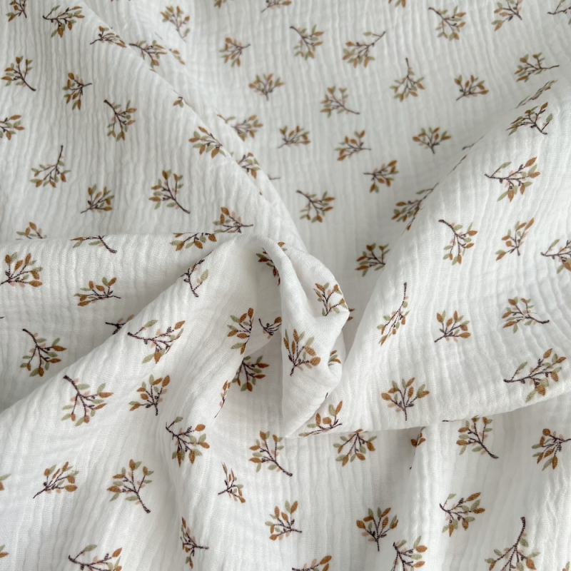 Double gaze de coton Judy blanc motifs fleuris naturel