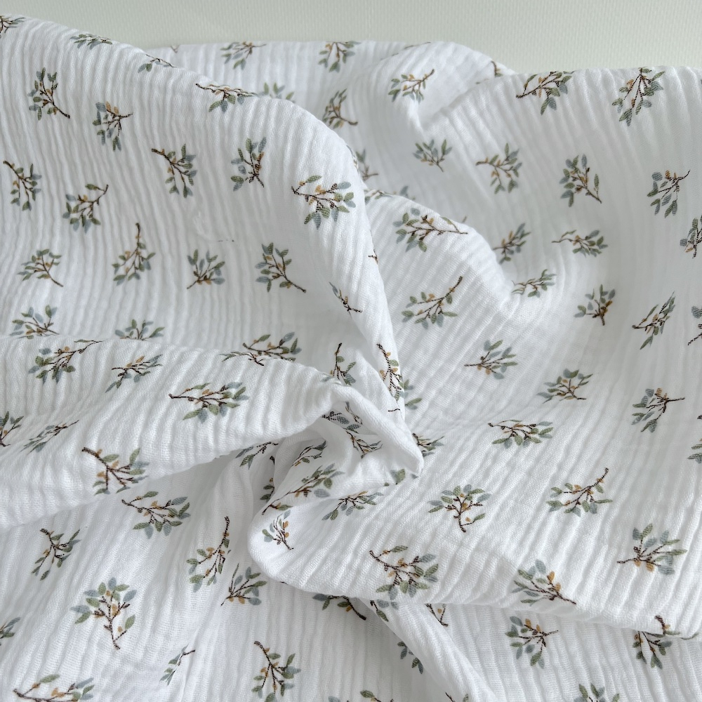 Tissu Double Gaze Coton Motif Feuilles Vintage Oeko Tex