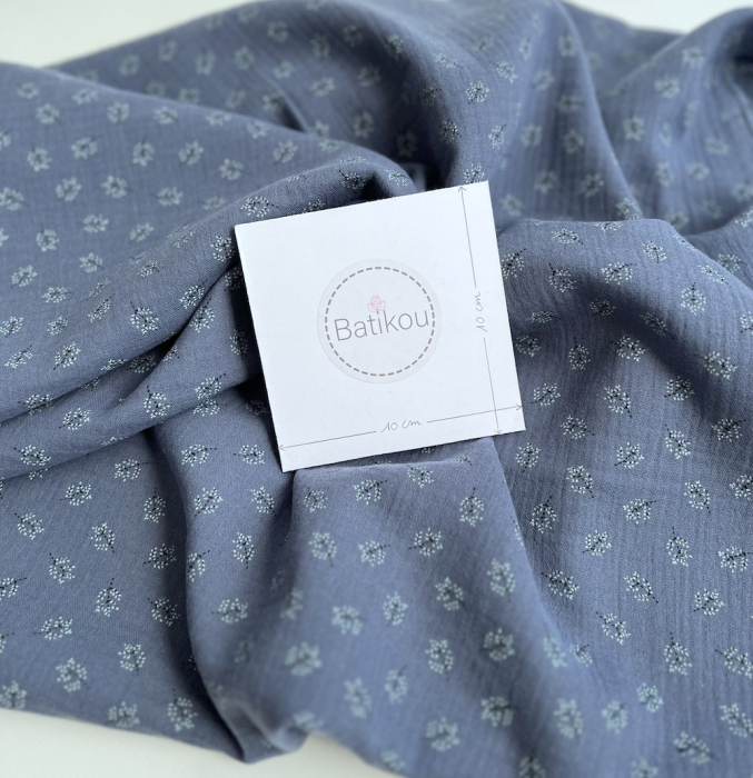 Double gaze de coton BIO bleu jean motif branches Tissus issus de l'agriculture biologique  - 4