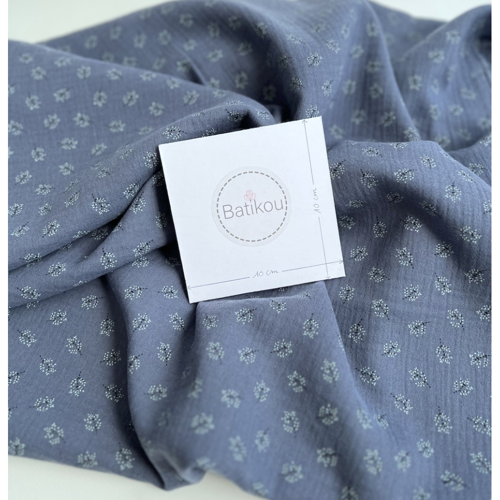 Double gaze de coton BIO bleu jean motif branches Tissus issus de l'agriculture biologique  - 4