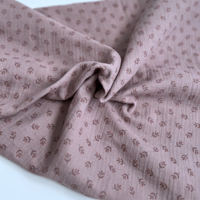 Double gaze de coton BIO vieux rose motif branches Tissus issus de l'agriculture biologique  - 1