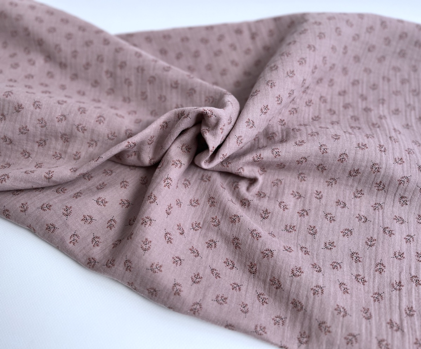 Double gaze de coton BIO vieux rose motif branches Tissus issus de l'agriculture biologique  - 3