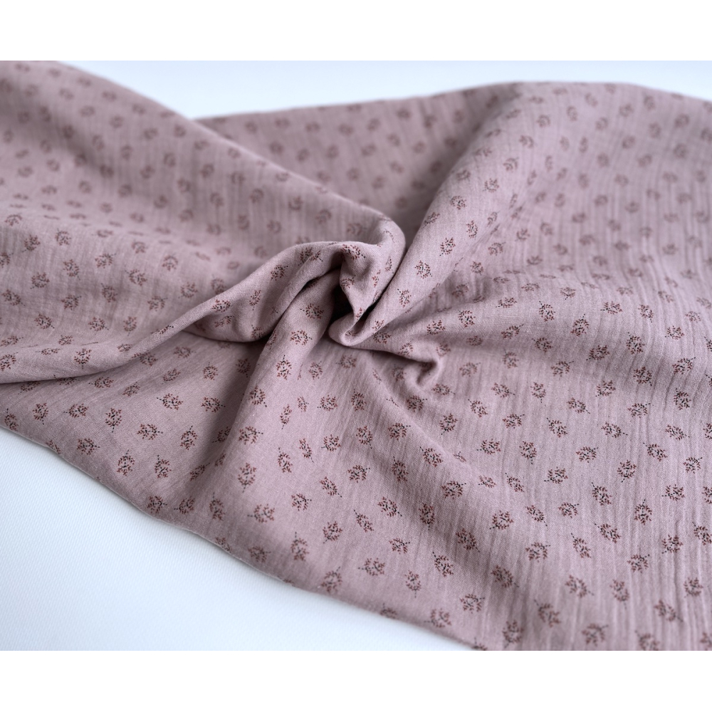 Double gaze de coton BIO vieux rose motif branches Tissus issus de l'agriculture biologique  - 3