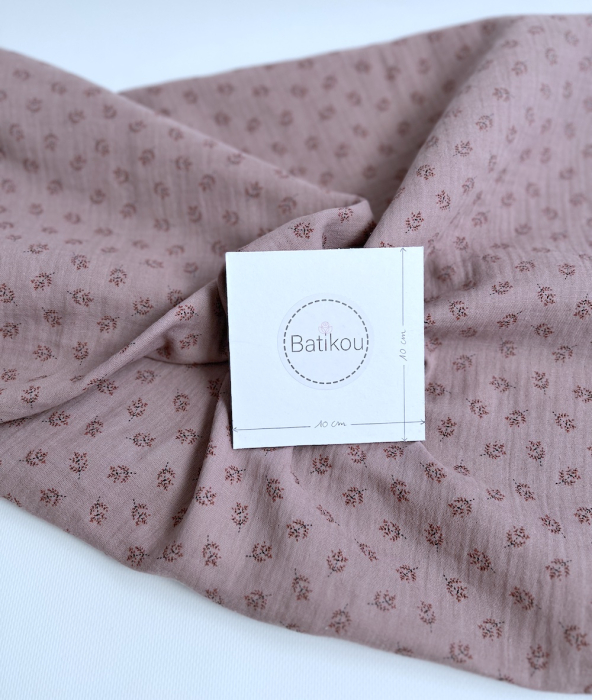 Double gaze de coton BIO vieux rose motif branches Tissus issus de l'agriculture biologique  - 4