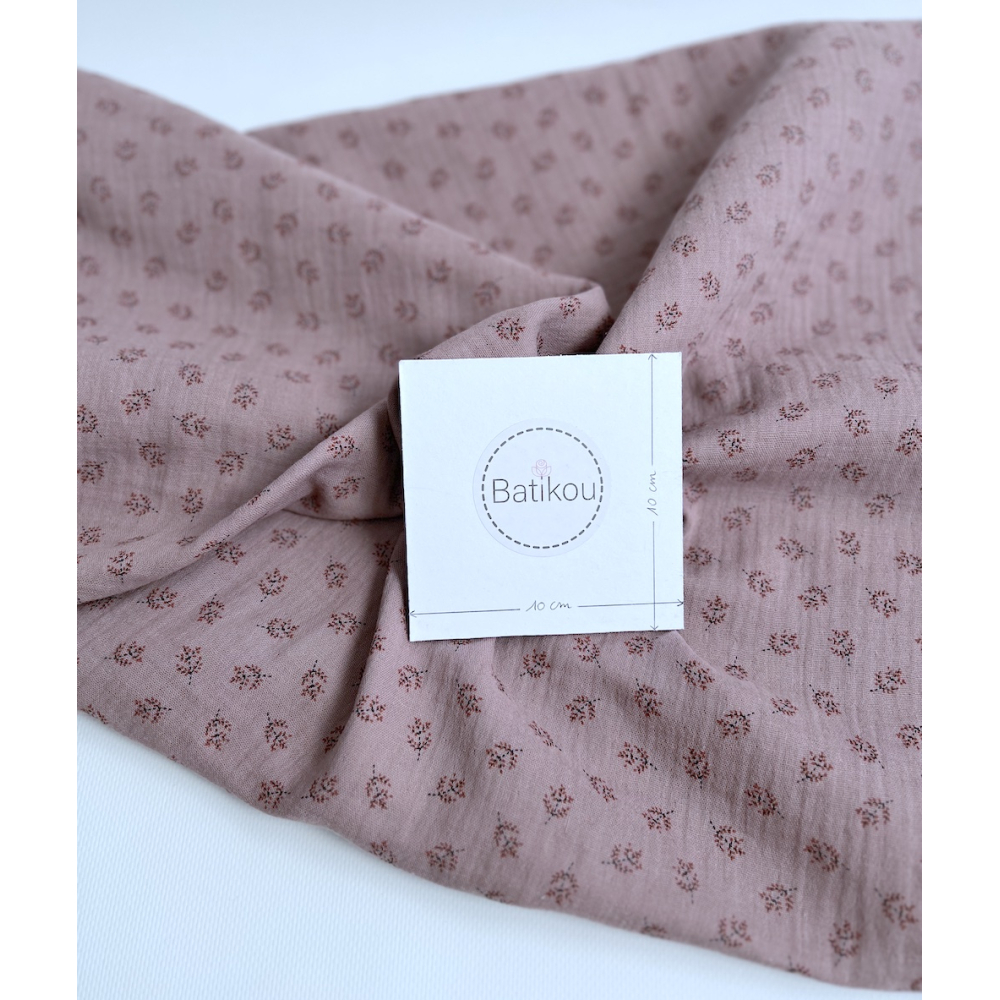 Double gaze de coton BIO vieux rose motif branches Tissus issus de l'agriculture biologique  - 4