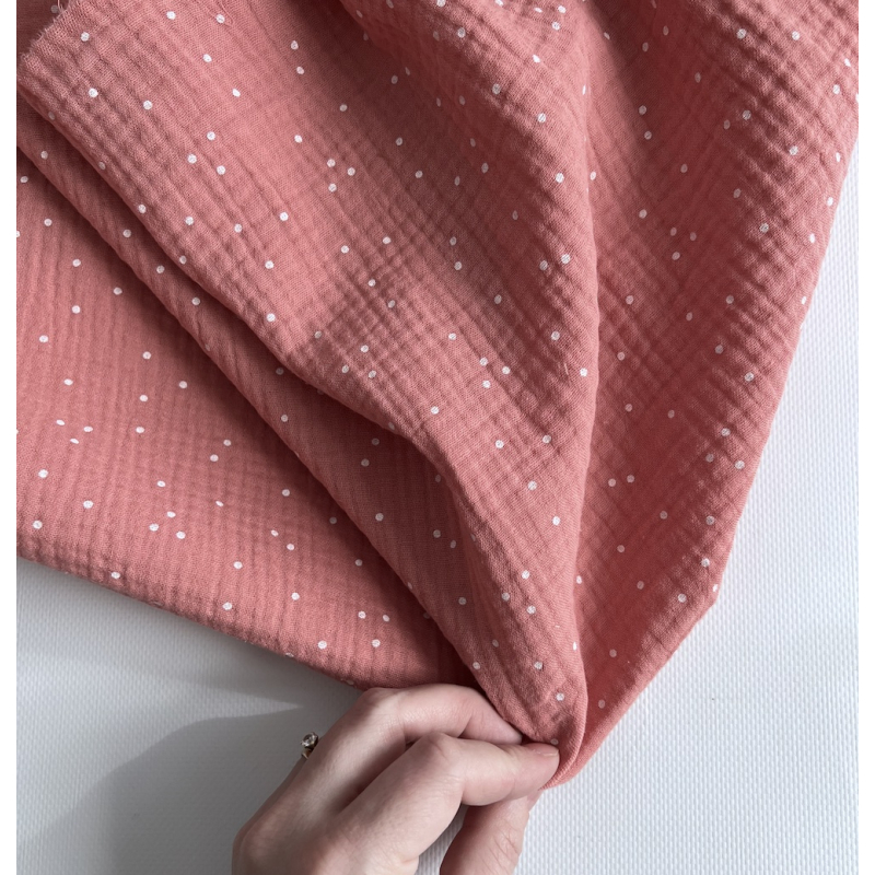 Double gaze de coton coloris rose blush à pois blanc Tissus issus de l'agriculture biologique  - 3