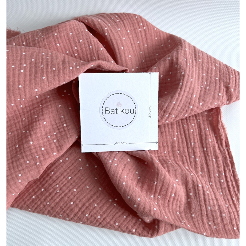 Double gaze de coton coloris rose blush à pois blanc Tissus issus de l'agriculture biologique  - 4