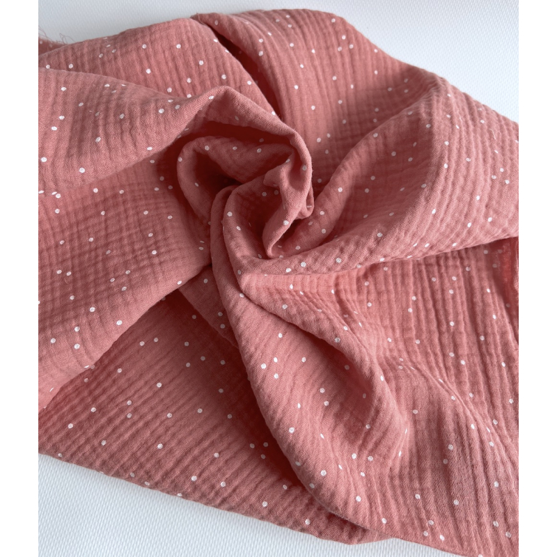 Double gaze de coton coloris rose blush à pois blanc Tissus issus de l'agriculture biologique  - 5
