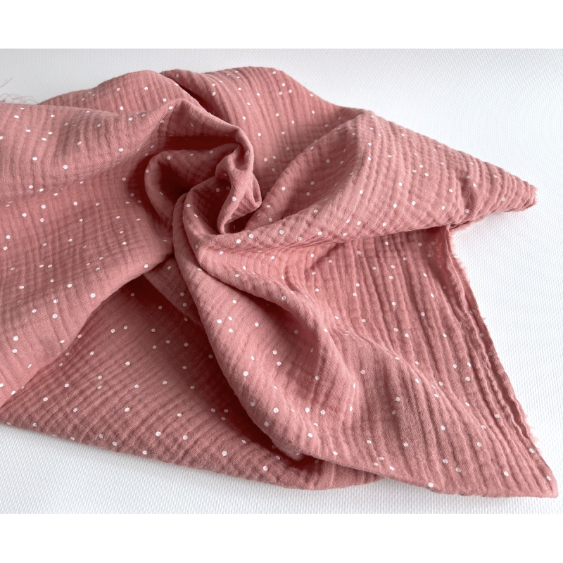 Double gaze de coton coloris rose blush à pois blanc Tissus issus de l'agriculture biologique  - 6