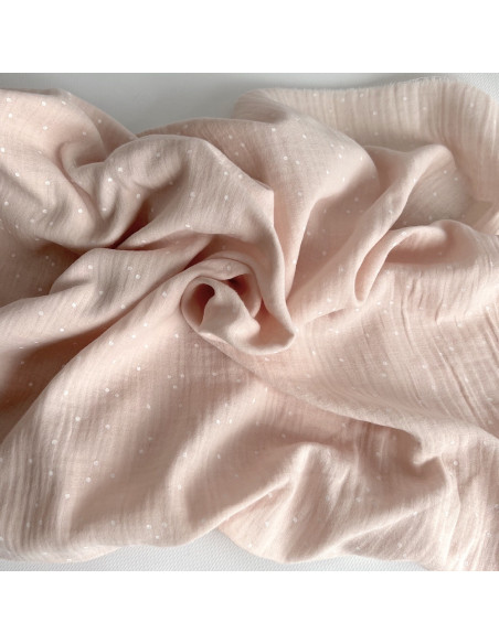Double gaze de coton coloris rose nude à pois blanc Tissus issus de l'agriculture biologique  - 1