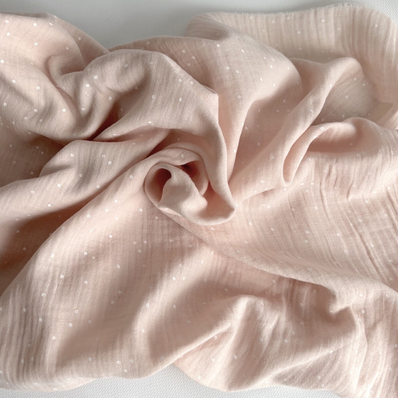 Double gaze de coton coloris rose nude à pois blanc Tissus issus de l'agriculture biologique  - 1