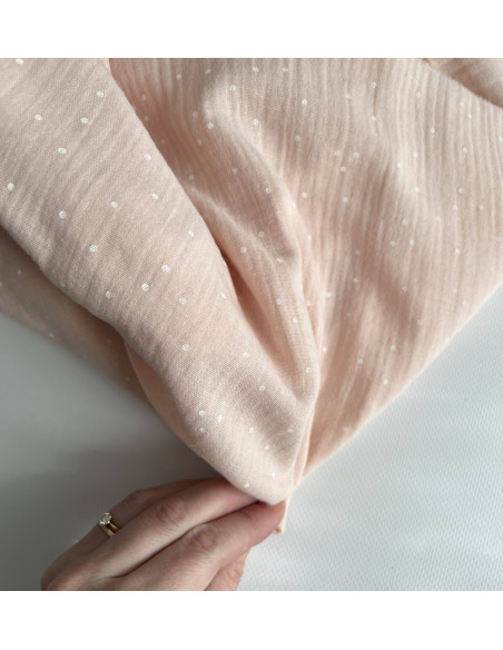 Double gaze de coton coloris rose nude à pois blanc Tissus issus de l'agriculture biologique  - 2