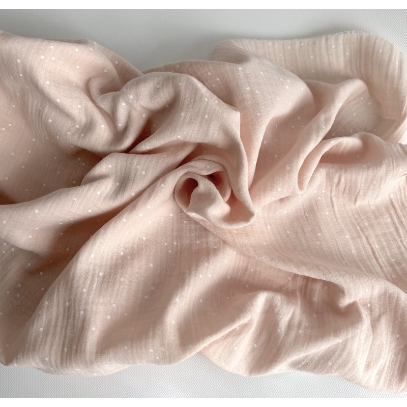 Double gaze de coton coloris rose nude à pois blanc Tissus issus de l'agriculture biologique  - 5