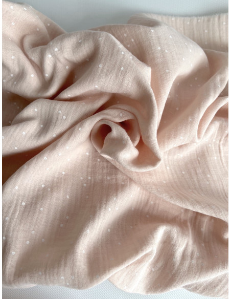 Double gaze de coton coloris rose nude à pois blanc Tissus issus de l'agriculture biologique  - 6