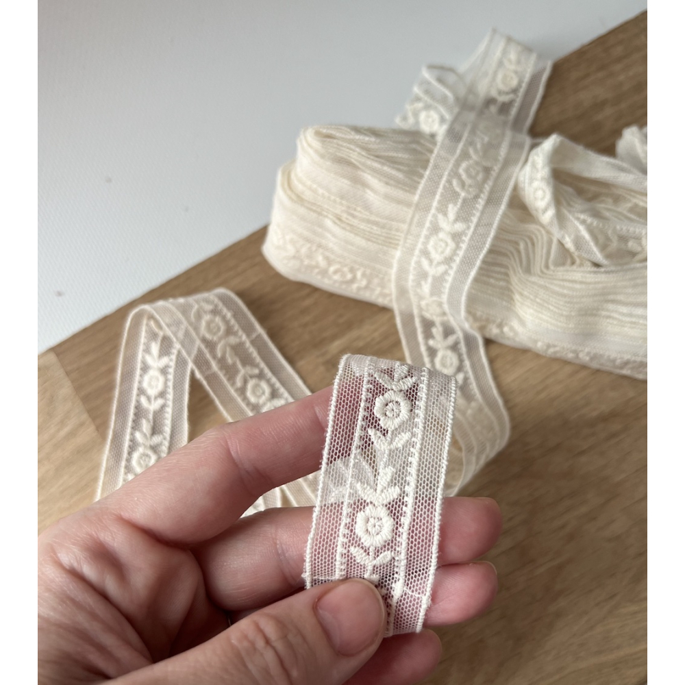 Galon tulle souple crème broderie coton brodé 28mm x 1m Batikou - 2