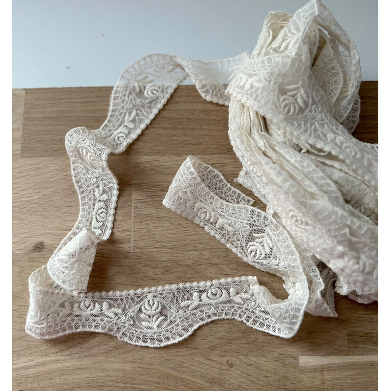 Galon tulle souple crème broderie coton brodé 35mm x 1m Batikou - 2