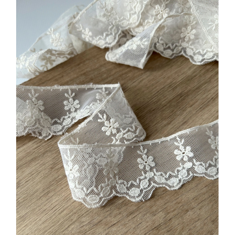 Galon tulle souple crème broderie coton brodé 38mm x 1m Batikou - 2