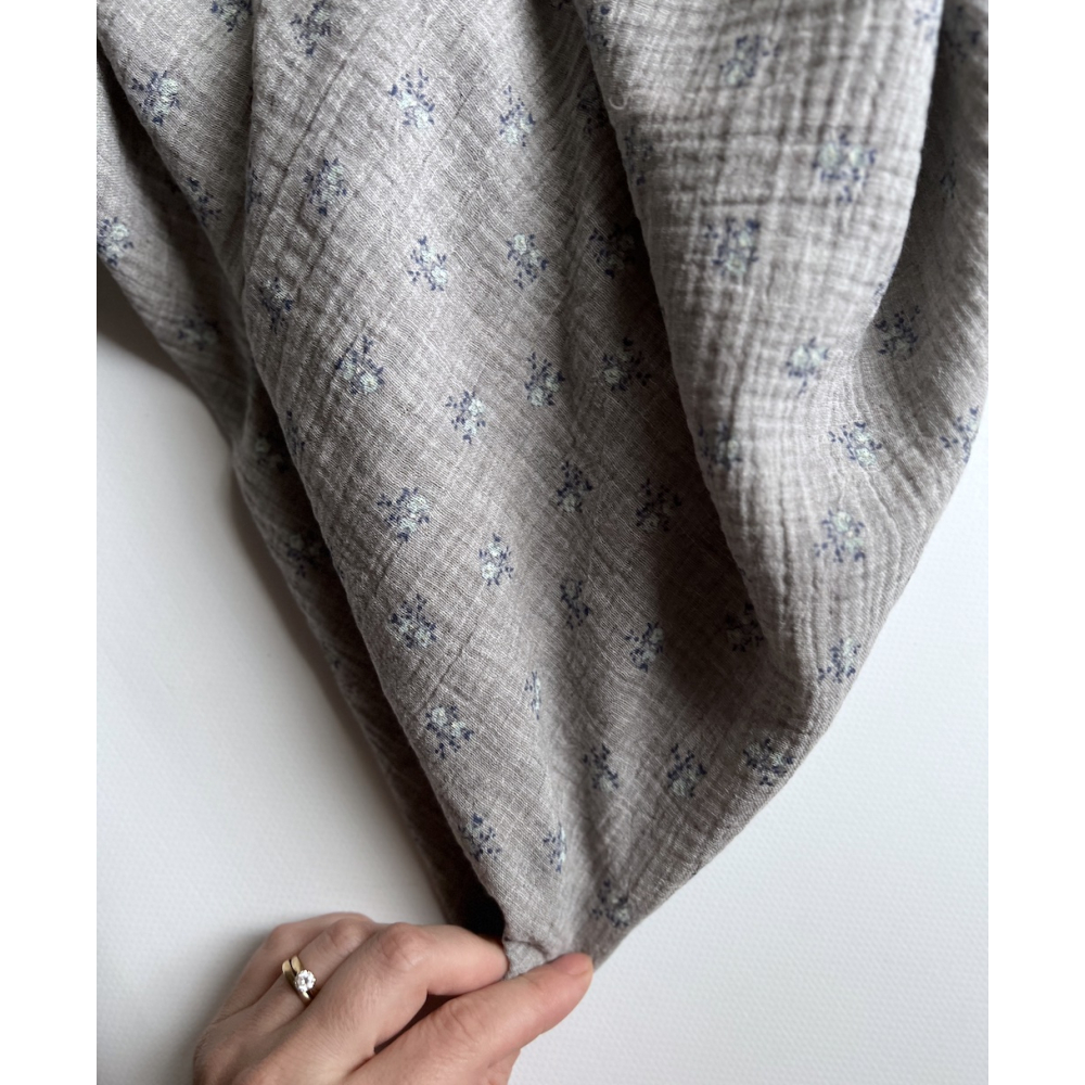 IDA - Double gaze de coton BIO chiné coloris gris fleuri Tissus issus de l'agriculture biologique  - 2