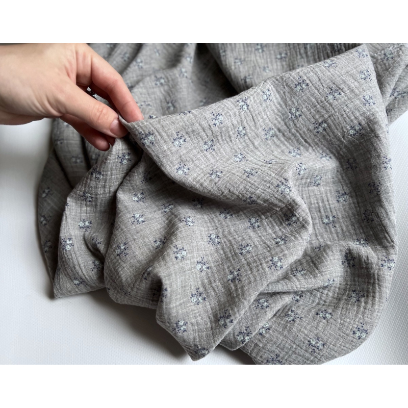 IDA - Double gaze de coton BIO chiné coloris gris fleuri Tissus issus de l'agriculture biologique  - 3