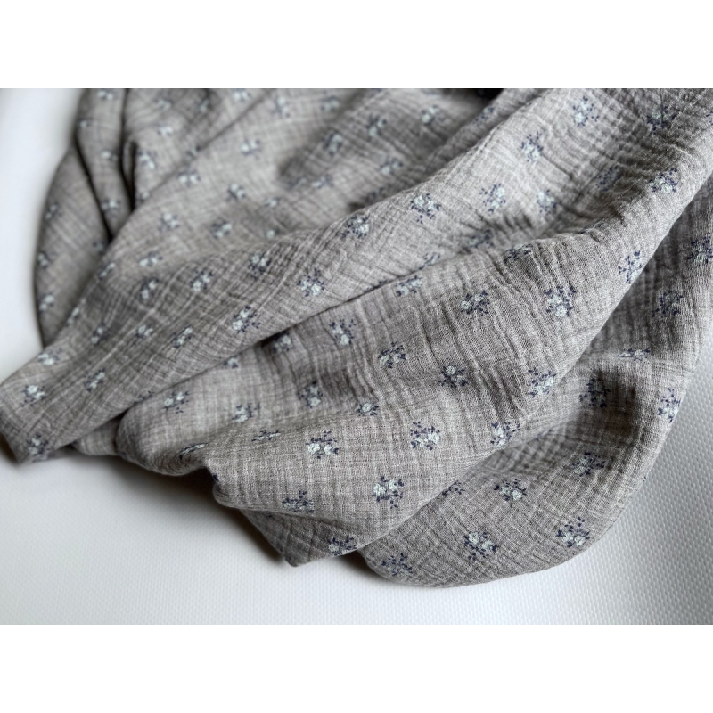 IDA - Double gaze de coton BIO chiné coloris gris fleuri Tissus issus de l'agriculture biologique  - 6