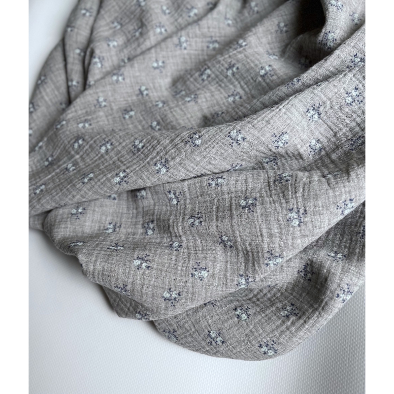IDA - Double gaze de coton BIO chiné coloris gris fleuri Tissus issus de l'agriculture biologique  - 7