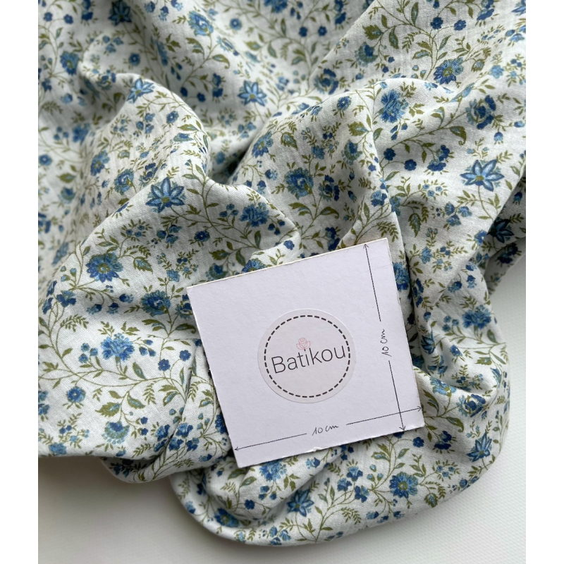 Jaya - Double gaze de coton coloris fond bleu imprimé fleuri Tissus issus de l'agriculture biologique  - 5