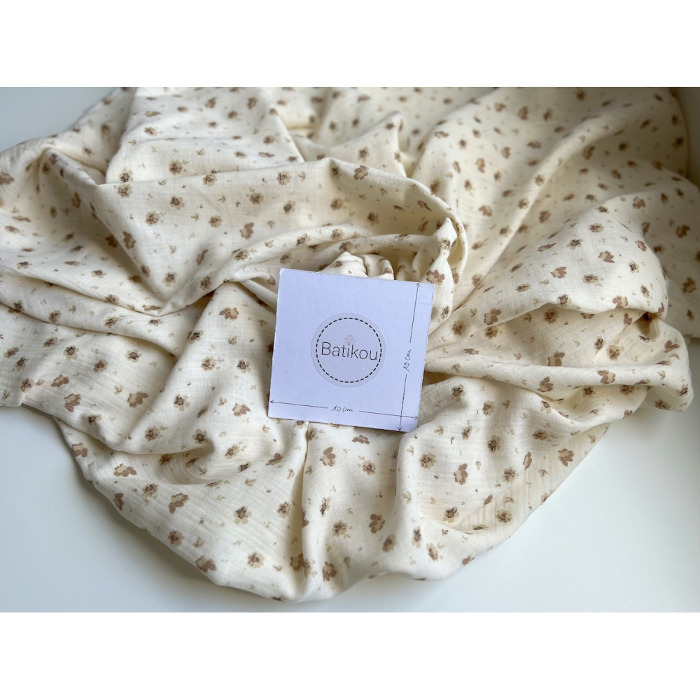 Lou - Double gaze de coton coloris fond écru imprimé taupe / beige Tissus issus de l'agriculture biologique  - 4