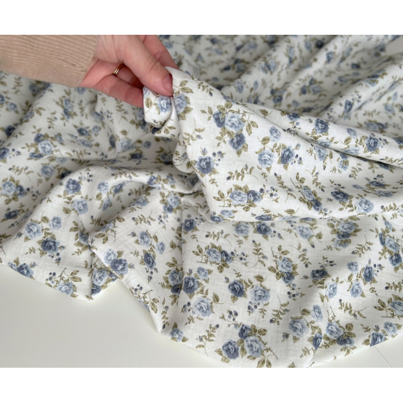 Diana - Double gaze de coton motif rose fanées bleu / vert Tissus issus de l'agriculture biologique  - 6