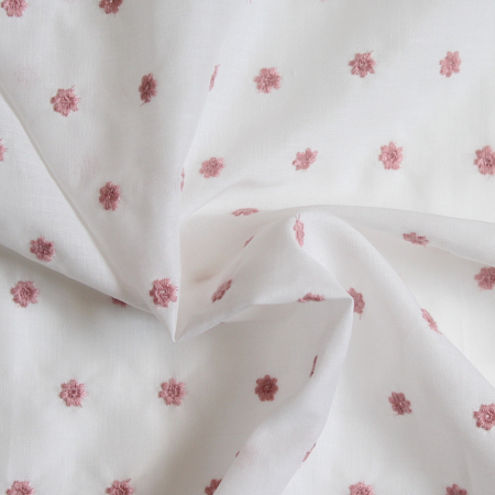 Tissu coton organique broderies fleurs rose