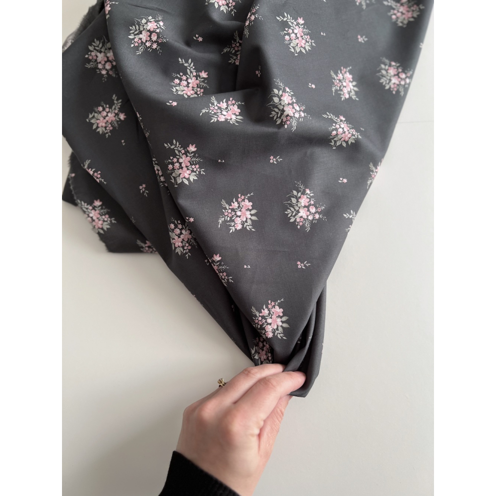 Estelle - Batiste de coton Silkyne BIO imprimé exclusif Anthracite/rose Batikou - 2