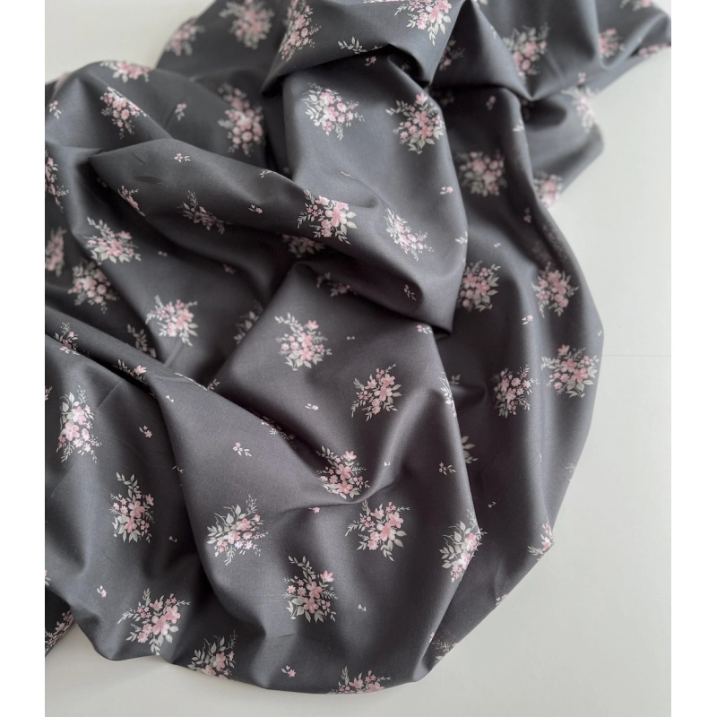 Estelle - Batiste de coton Silkyne BIO imprimé exclusif Anthracite/rose Batikou - 7