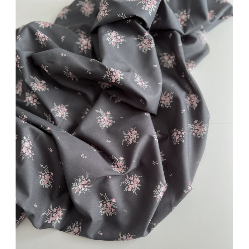 Estelle - Batiste de coton Silkyne BIO imprimé exclusif Anthracite/rose Batikou - 7