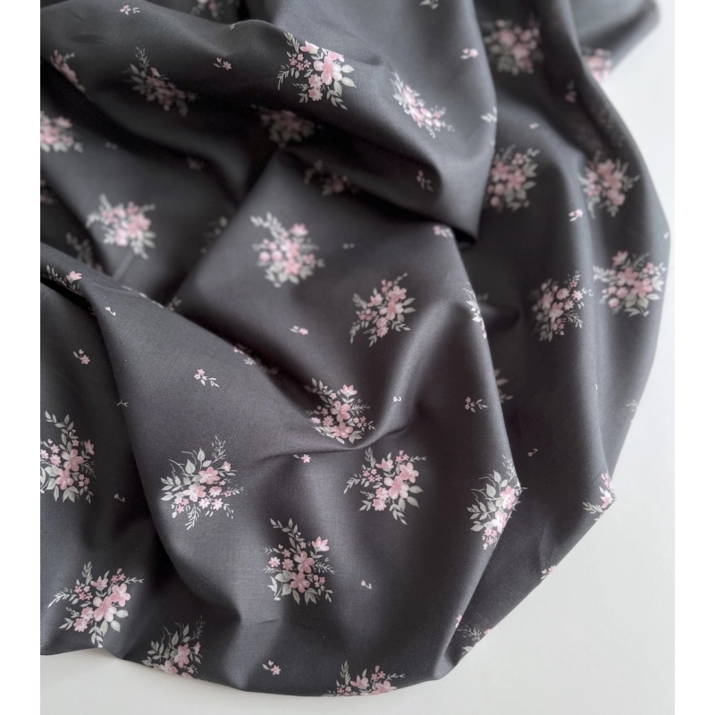 Estelle - Batiste de coton Silkyne BIO imprimé exclusif Anthracite/rose Batikou - 8