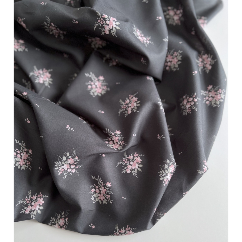 Estelle - Batiste de coton Silkyne BIO imprimé exclusif Anthracite/rose Batikou - 8