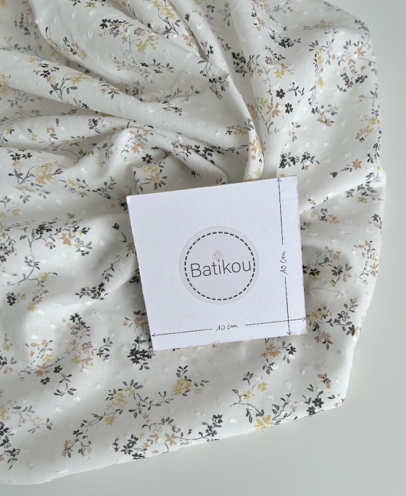 Coline - Plumetis de coton parme imprimé fleuri gris moutarde Tissus issus de l'agriculture biologique  - 3