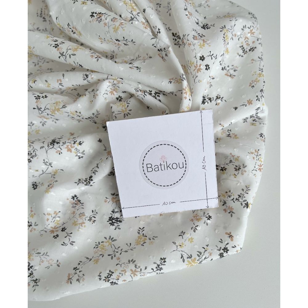 Coline - Plumetis de coton parme imprimé fleuri gris moutarde Tissus issus de l'agriculture biologique  - 3