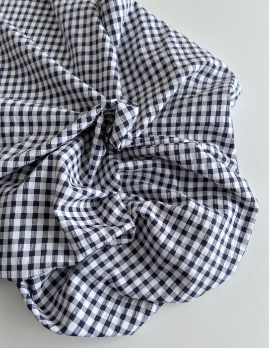 Seersucker / Coton gaufré vichy 6mm bleu marine / blanc Batikou - 3