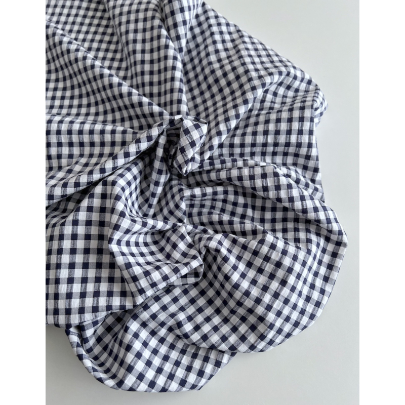 Seersucker / Coton gaufré vichy 6mm bleu marine / blanc Batikou - 3
