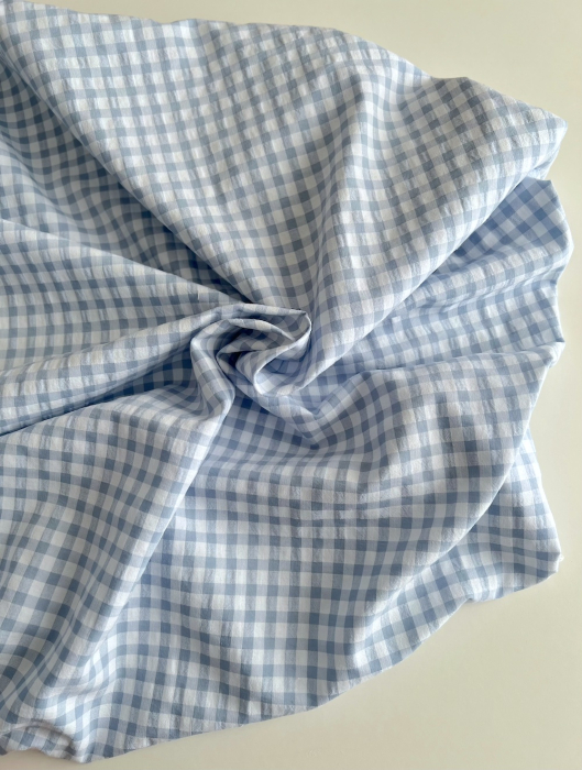 Seersucker / Coton gaufré vichy 6mm bleu jean / blanc Batikou - 5