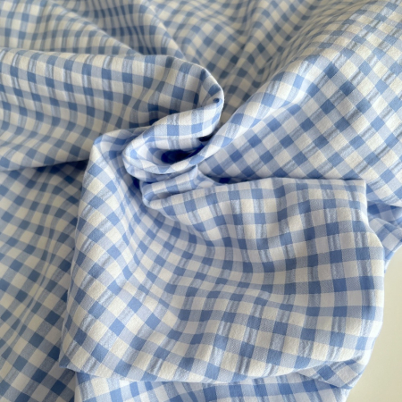 Seersucker / Coton gaufré vichy 6mm bleu lavande / blanc Batikou - 1 Seersucker / Coton gaufré vichy 6mm bleu lavande / blanc Batikou - 1